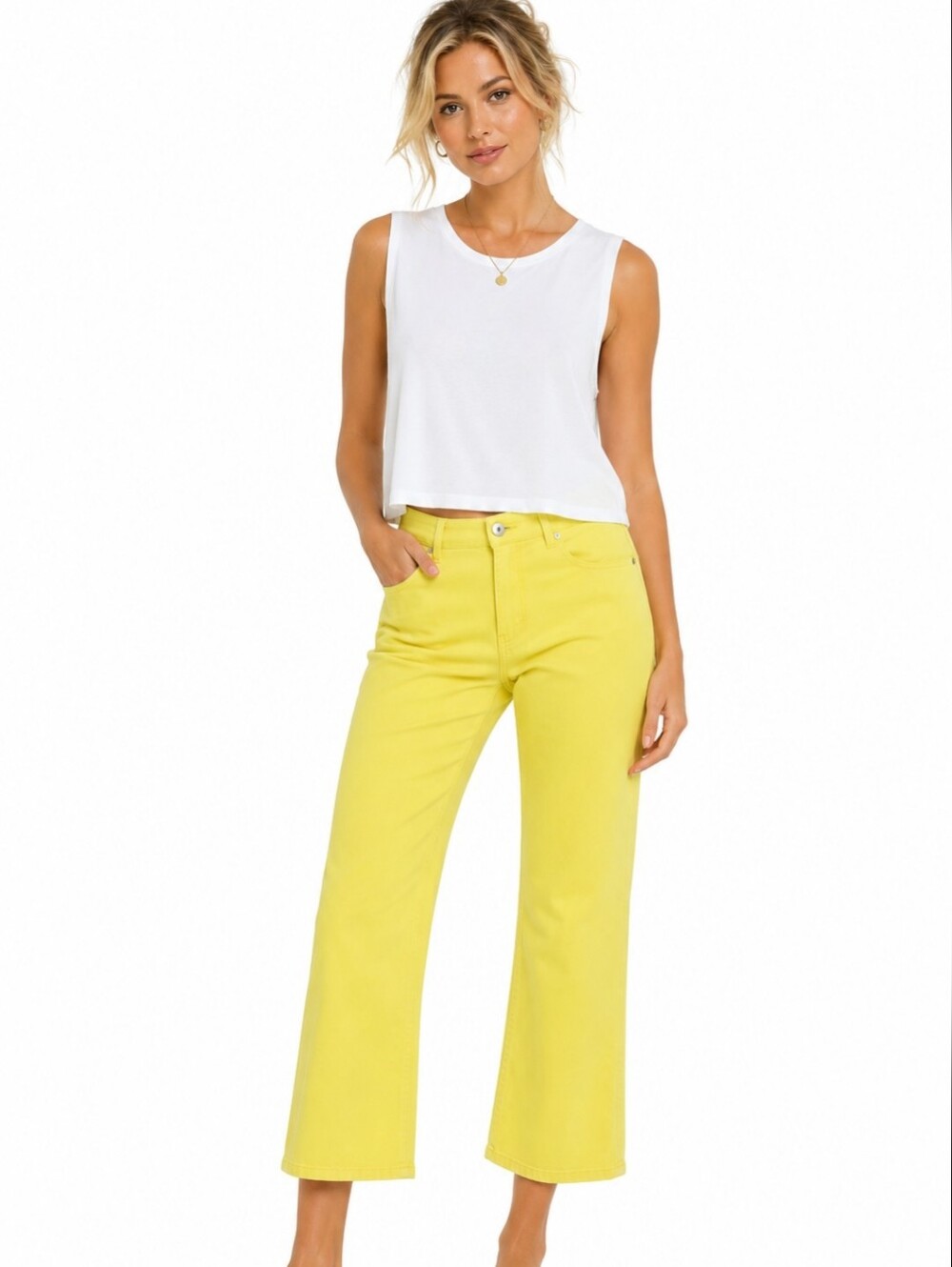 Nwot Cabi Women’s Yellow Cotton Cropped Wide-Leg Jeans (Sz:18)